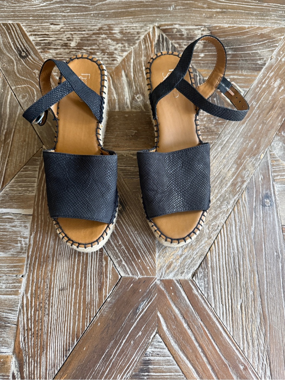 Franco Sarto Black Textured 3” Espadrille Sandals with Ankle Strap